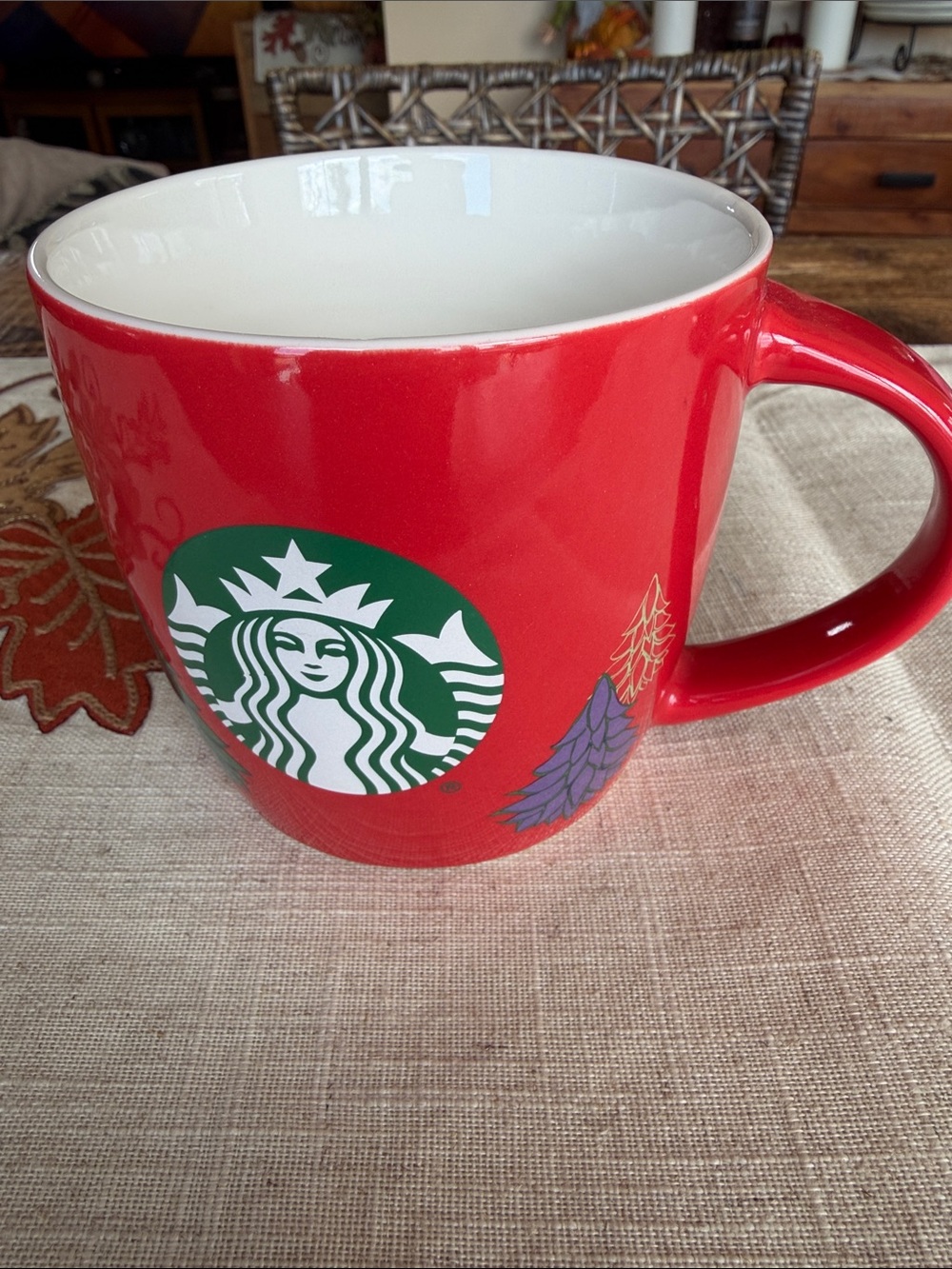 Starbucks Red Ceramic Mug with Green Logo and Purple Accent
